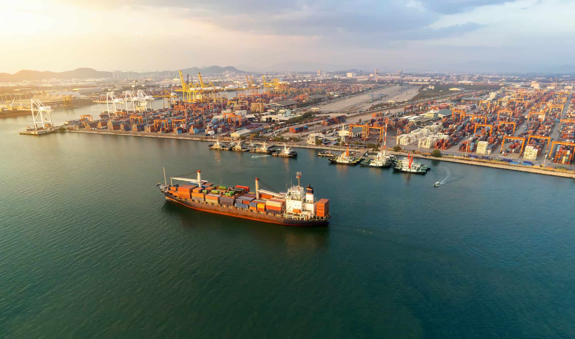 Container ship queuing outside a congested international port