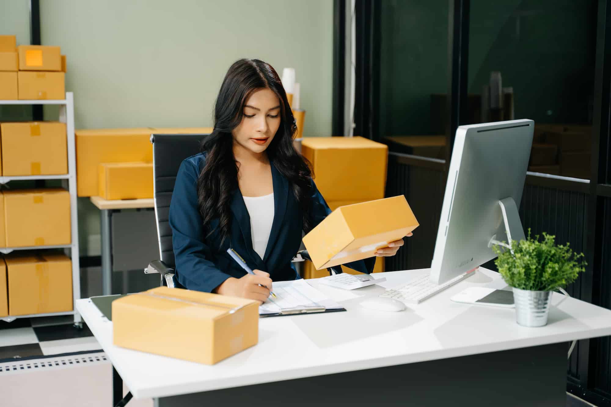 Customs documentation review at an international freight desk